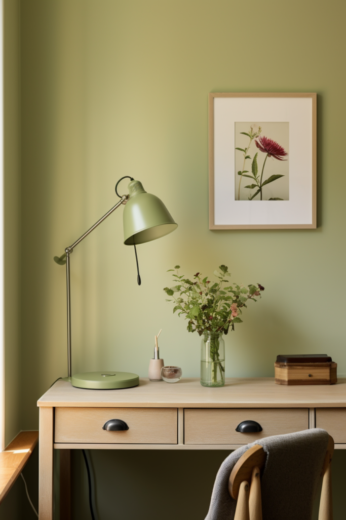 Home Office Ideas: Transform your workspace at home with a mesmerizing green-themed desk setup illuminated by a stylish lamp.