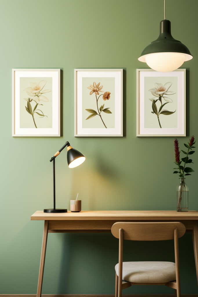 Three framed prints above a desk in a green home office.