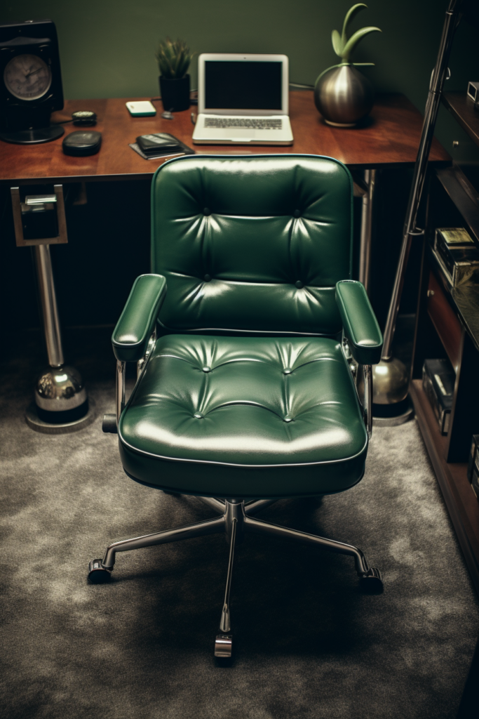 A green leather office chair providing home office ideas as it sits in front of a desk.