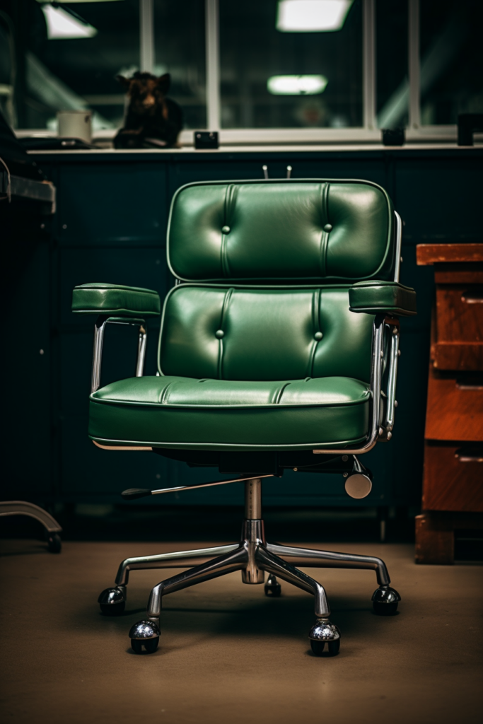 A green leather office chair in a home office.