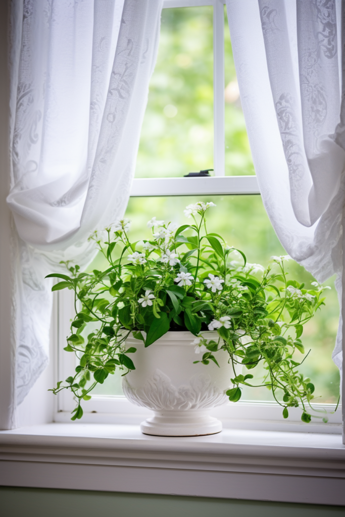 A green potted plant sits on a window sill.