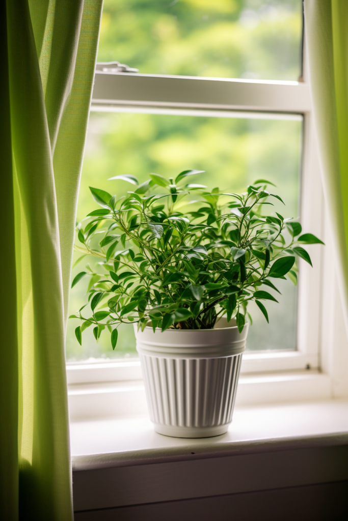 A potted plant sits on a window sill, bringing a touch of green into the home office.