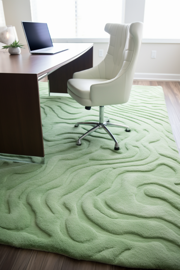 A green rug in a home office, adding a touch of color to the space and complementing the desk and chair.