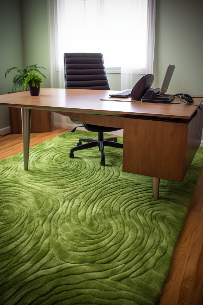 A green rug adds a vibrant touch to a home office furnished with a desk and chair.
