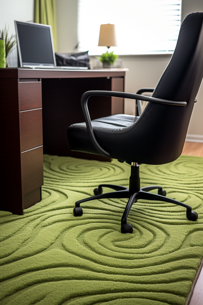 A green home office with a desk, chair, and a green rug.