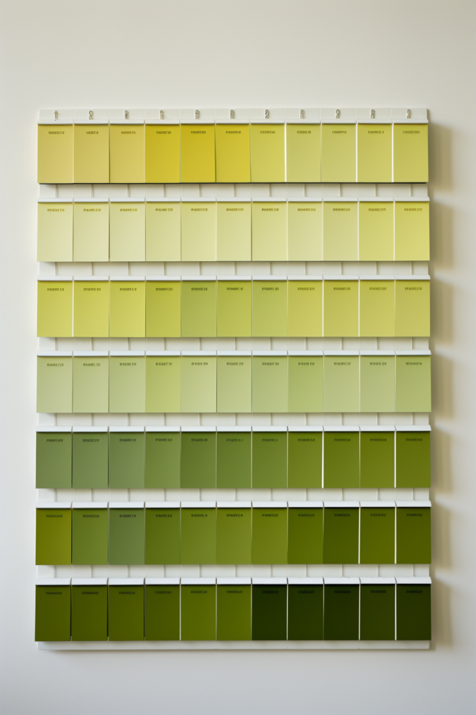 Green color swatches on a wall in a Home Office.
