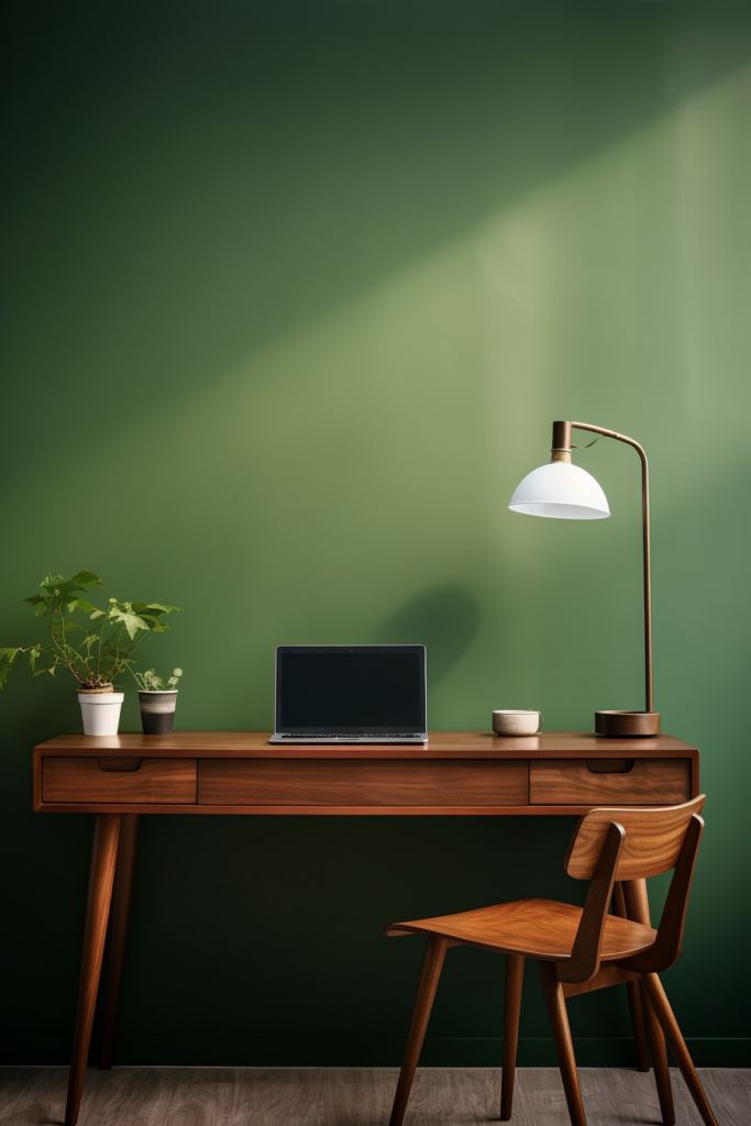Discover home office ideas with a green wall, featuring a desk adorned with a lamp and accompanied by a wooden chair.