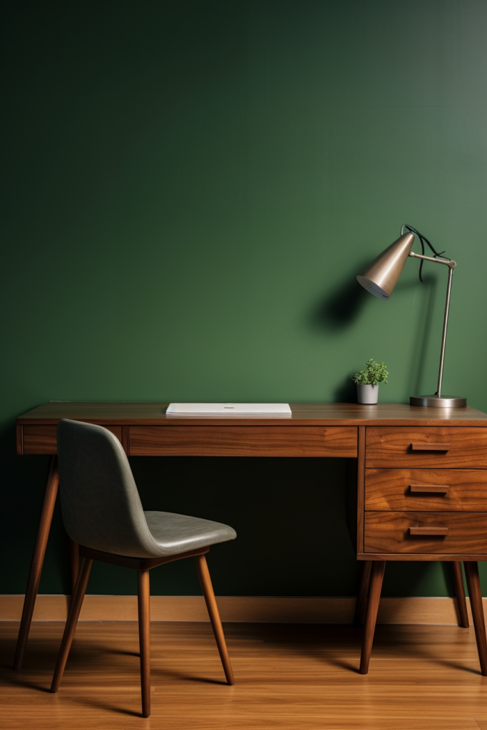 Home Office Ideas: Transform your workspace with a desk, chair, and lamp arrangement in front of a vibrant green wall.