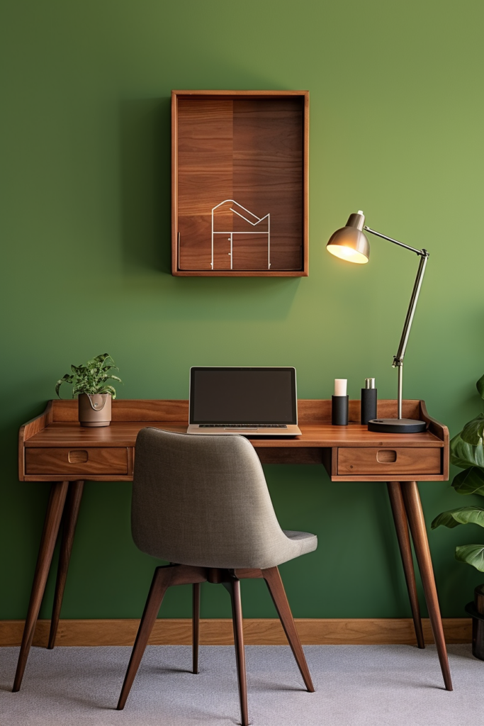 Green home office with a desk, chair, and a potted plant for inspiration and ideas.