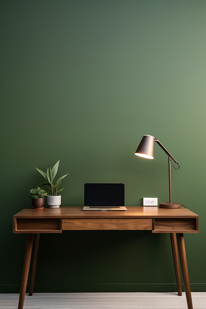 A green home office desk with a lamp and a plant on it, providing ideas for a productive workspace.