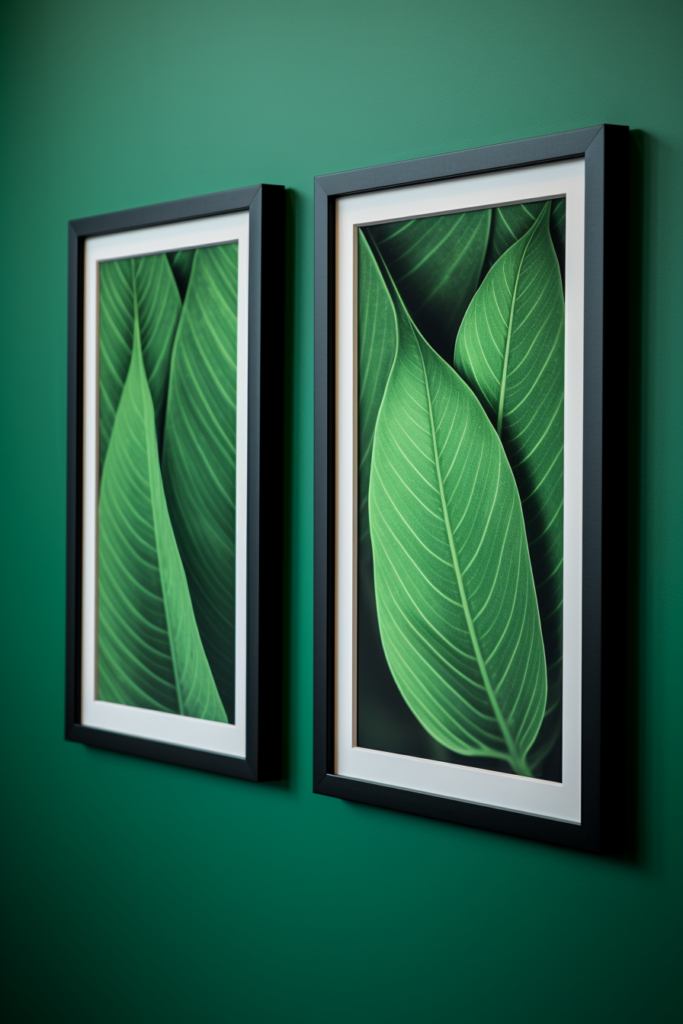 Two framed green leaves on a green wall, perfect for incorporating natural elements in your office or green home.