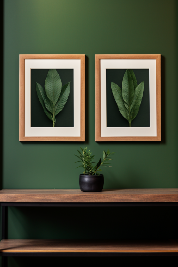 Two green leaves on a green wall, perfect for home office ideas.