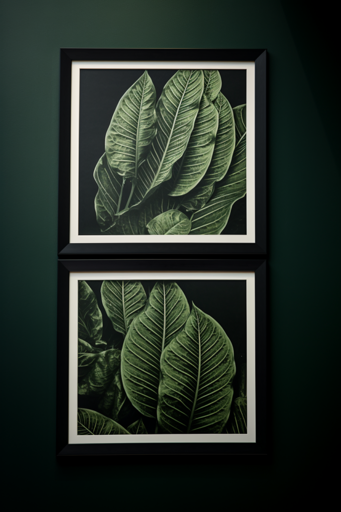 Two framed prints of green leaves, perfect for a green home office.