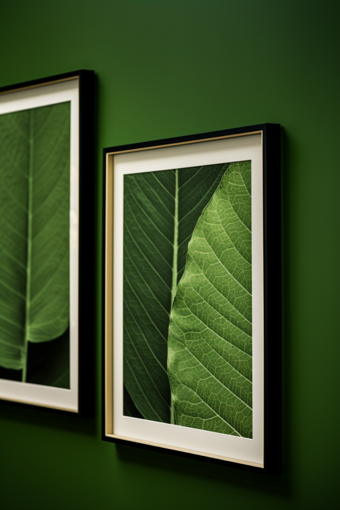 Two green leaf framed prints add a touch of natural inspiration to a vibrant green wall, perfect for a home office.
