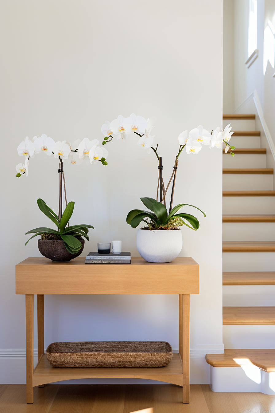 A minimalist wooden table adorned with two potted orchids, showcasing the beauty of nature in a serene and green setting.