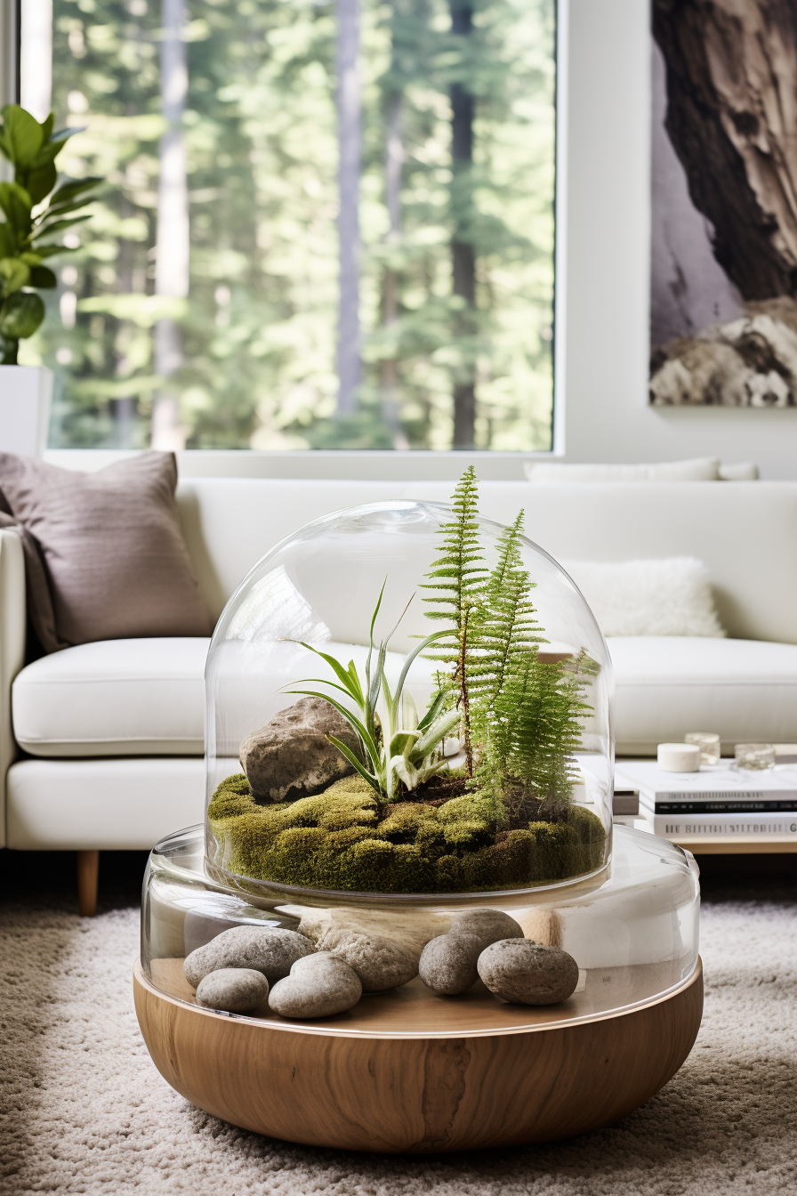 A cozy living room adorned with a terrarium, showcasing a touch of nature amidst the minimalist green decor.
