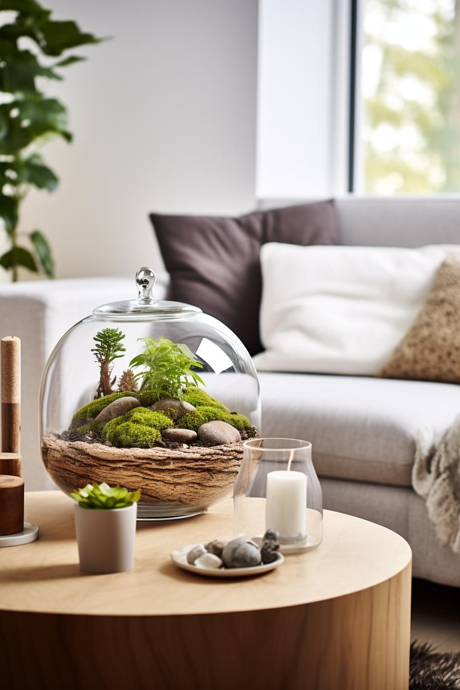 A cozy living room with a nature-inspired terrarium as a green minimalist centerpiece on the coffee table.