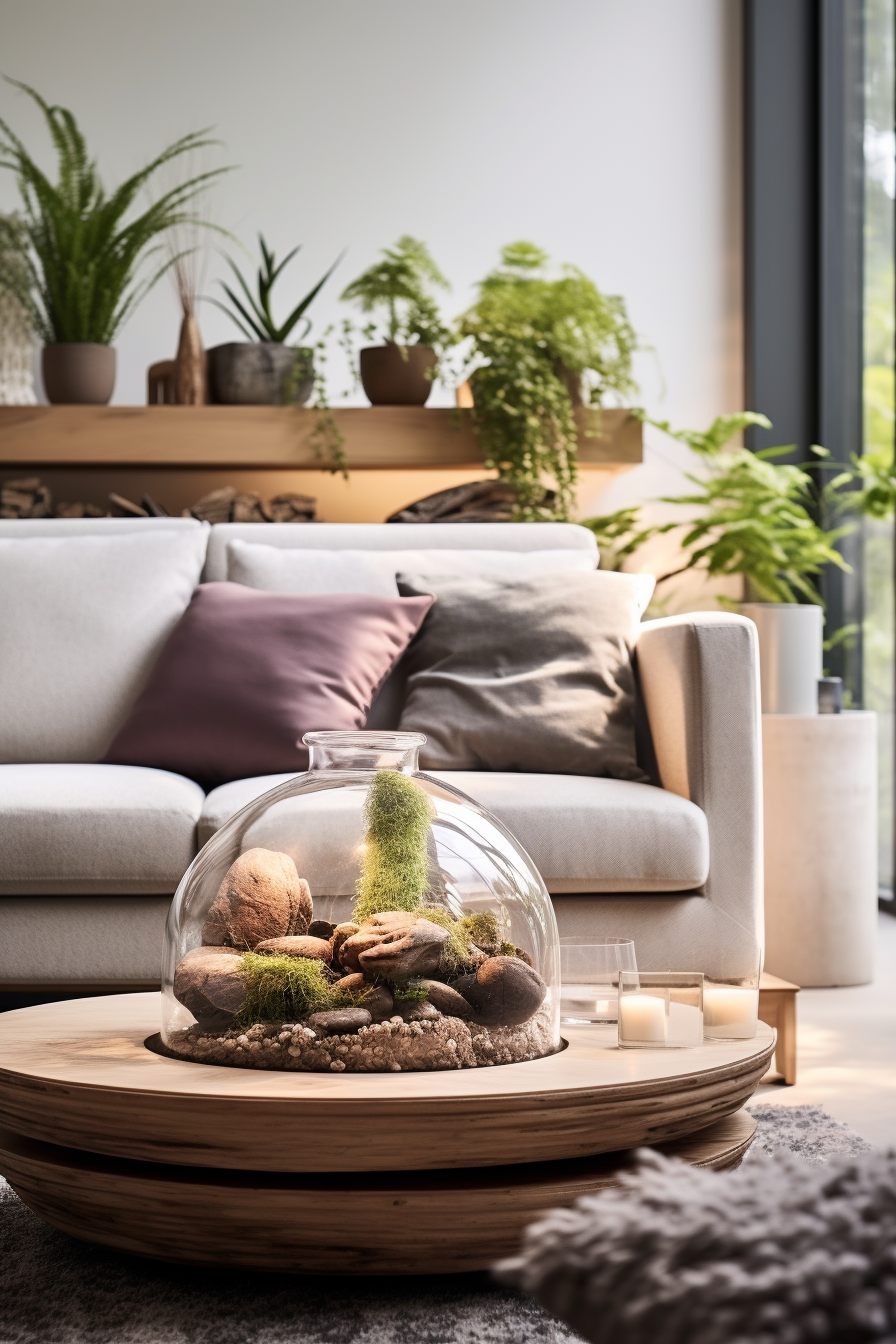 A cozy living room with a minimalistic coffee table and green plants.