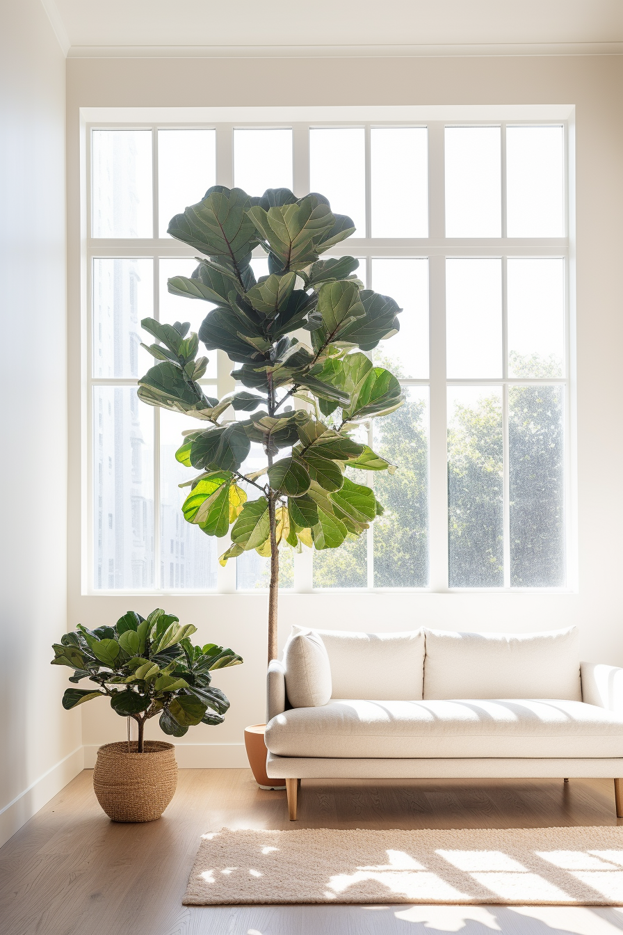 A minimalistic living room with a large potted fiddle leaf fig tree, bringing a touch of nature with its vibrant green leaves.