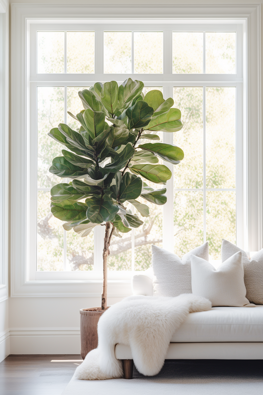 A minimalist living room with a large green plant in front of a window, inviting nature indoors.
