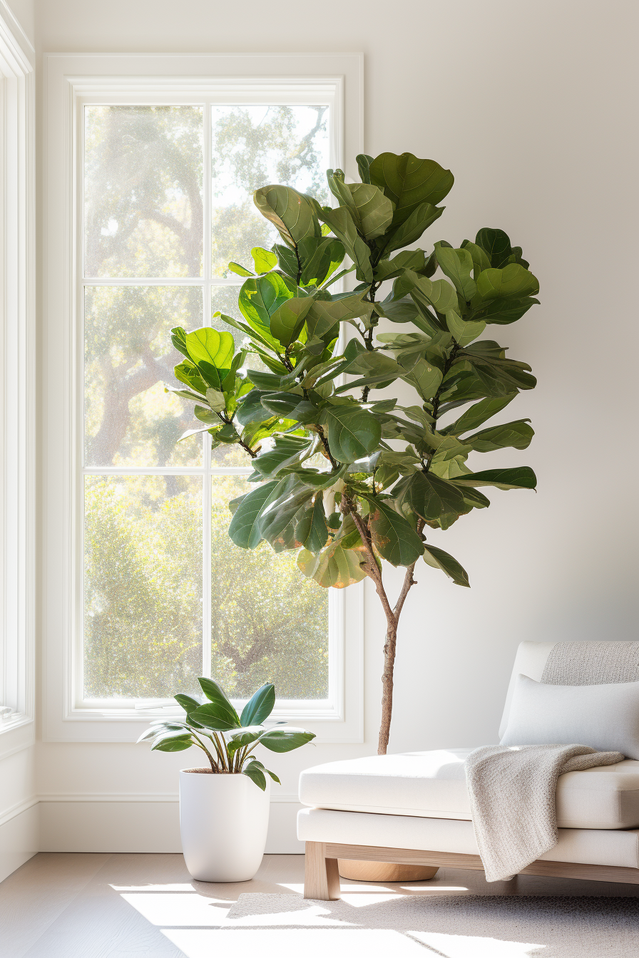 A minimalistic living room with a large potted plant in front of a window, adding a touch of green to the space.