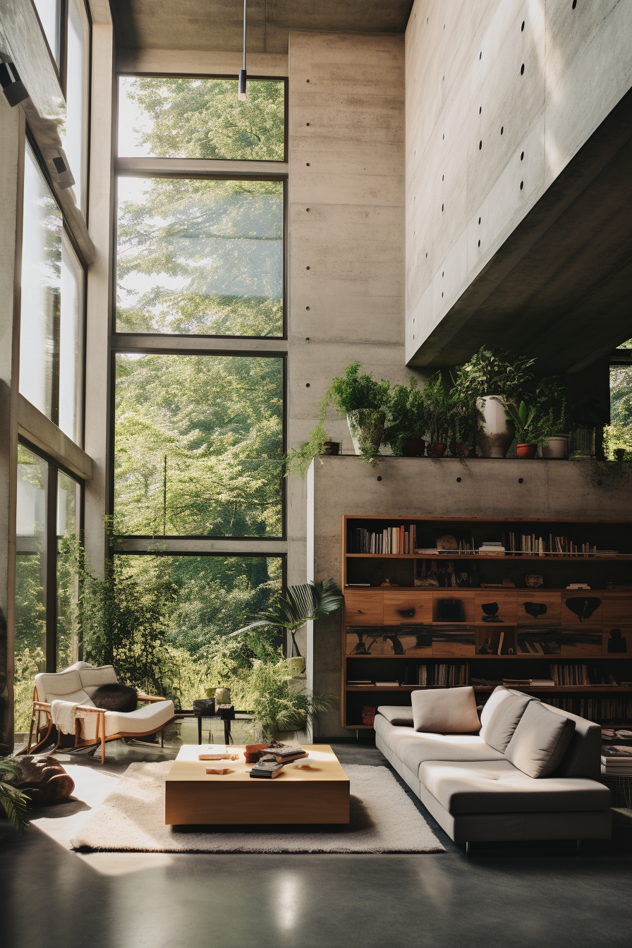 A minimalist living room featuring large windows and a lush green tree in the background.