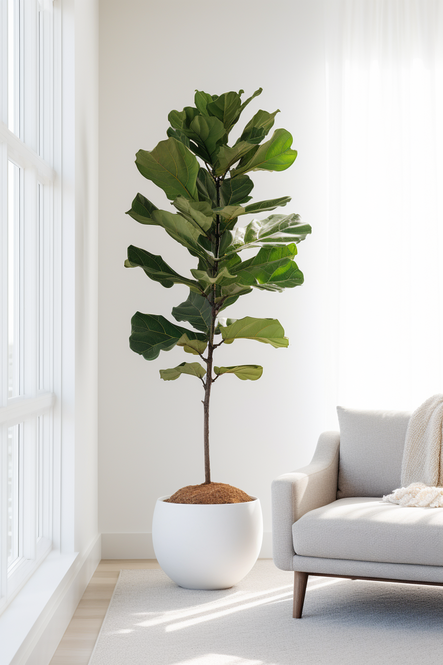 A large green fig tree brings a touch of nature to a minimalistic living room.