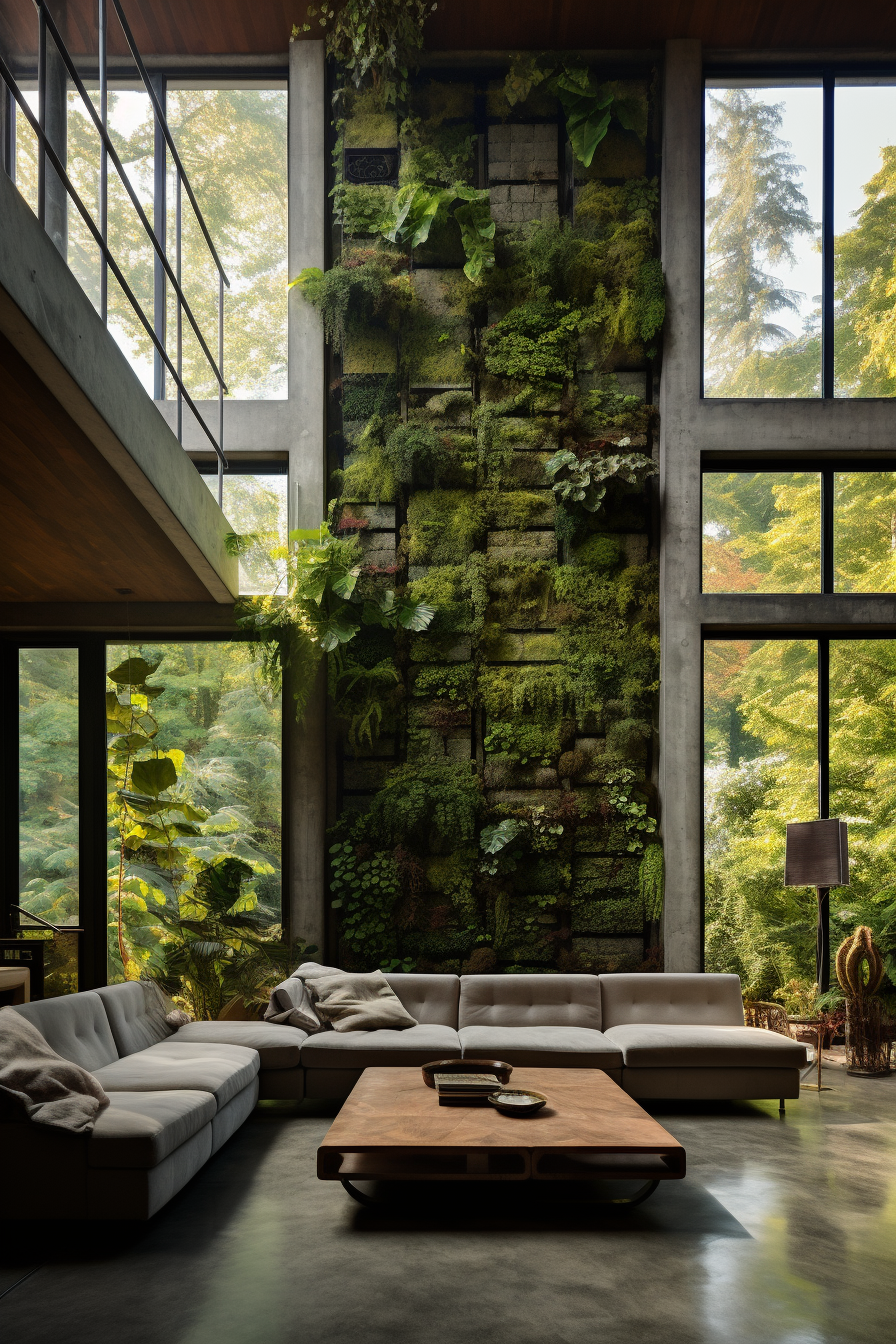A cozy living room with a touch of green as moss grows on the wall.