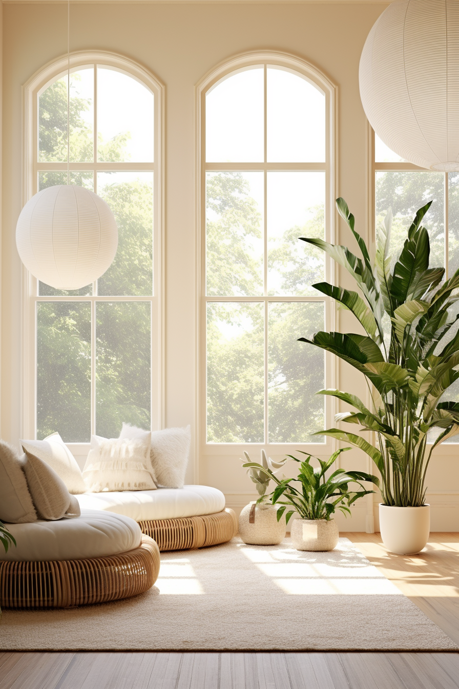 A minimalistic living room with large windows and plants, creating a sense of greenery.