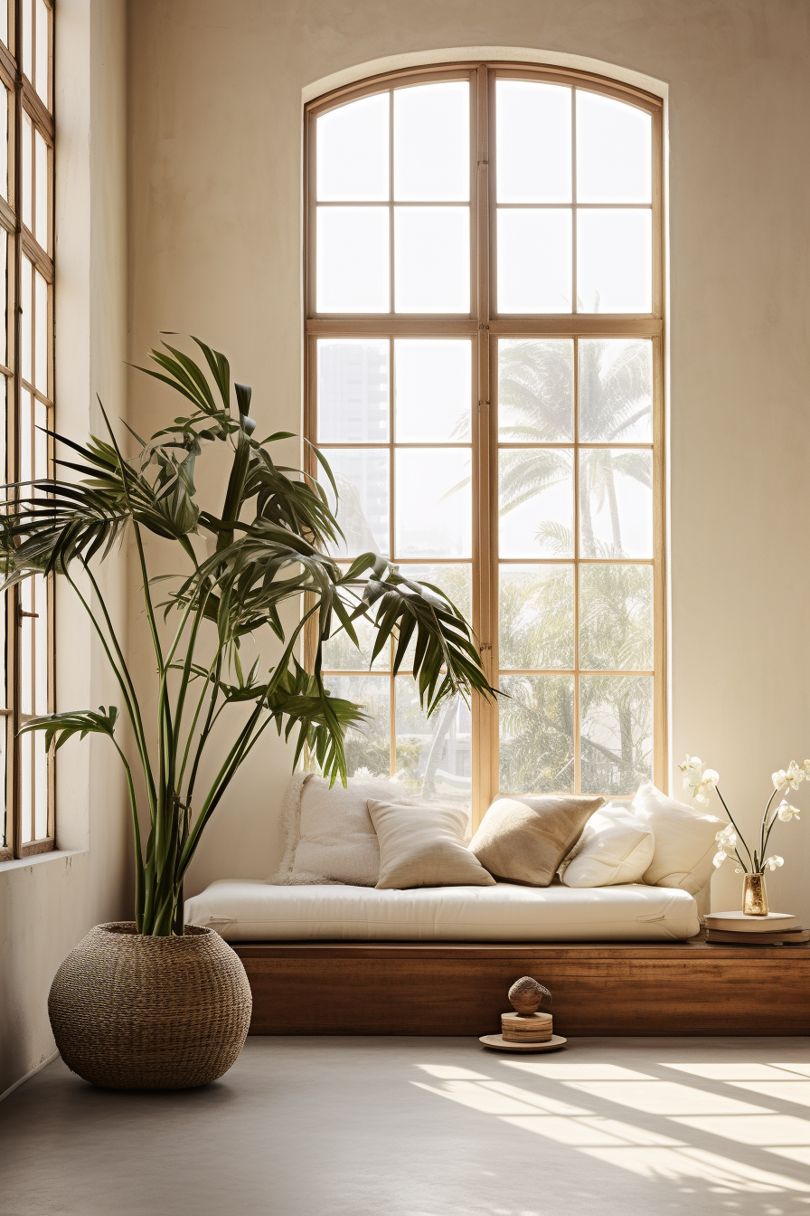 A cozy room with a large window, creating a minimalistic and green ambiance.