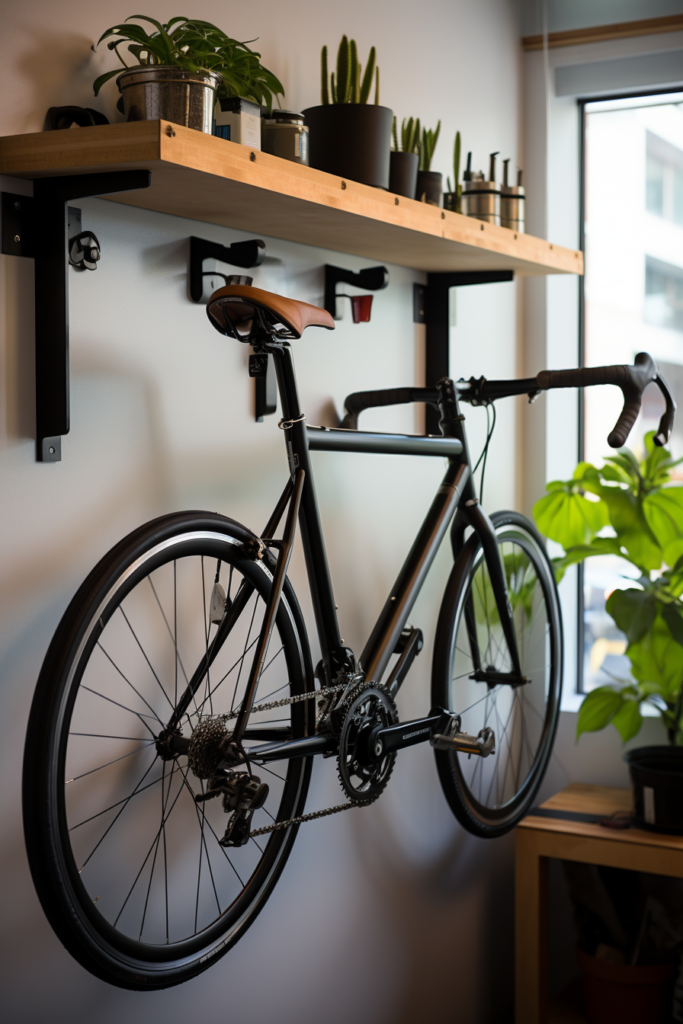 A bike is hanging on a shelf in a home office.