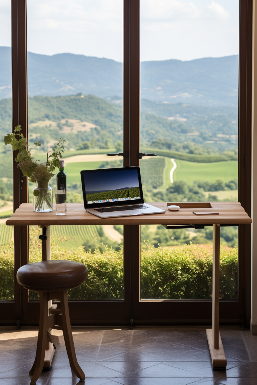 A laptop on a desk in front of a window, creating a perfect home office setup with ample natural light.