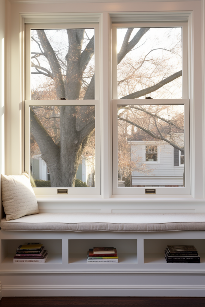 A cozy window seat with books on it, perfect for bedroom ideas or a home office.
