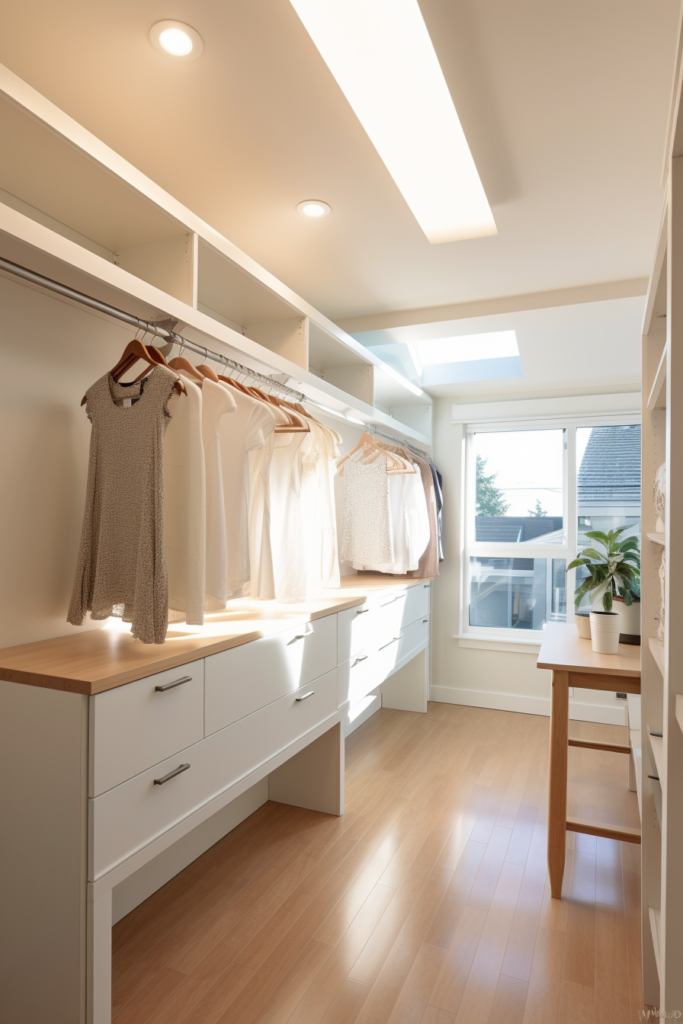 A walk in closet with a vast collection of clothes, offering convenient storage options and inspiring bedroom ideas for the fashion savvy individual.
