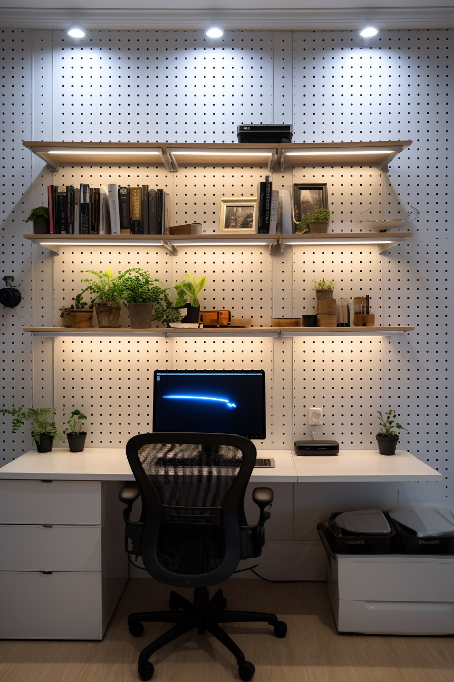 A home office with a desk, chair and shelves in a bedroom.
