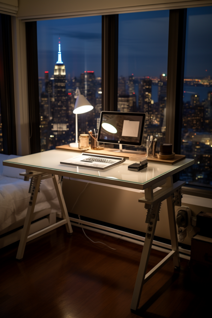 A home office desk with a laptop on it.
