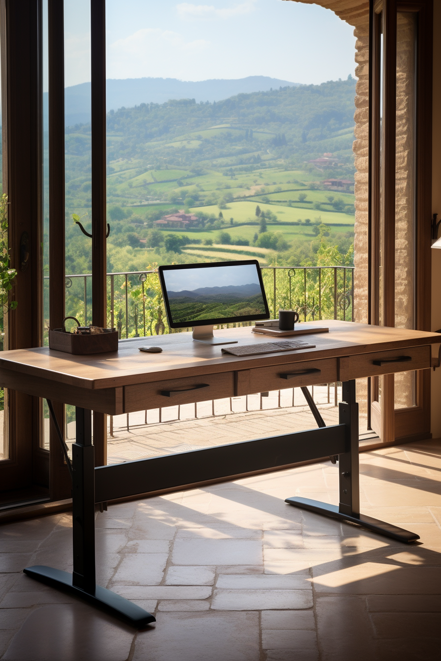 A home office desk with a view.
