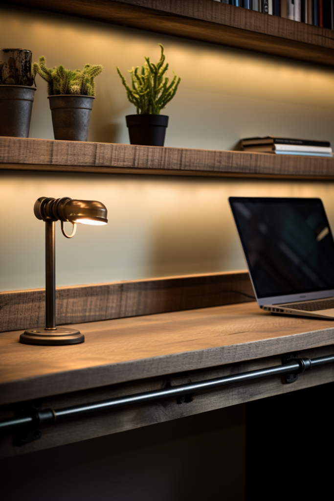 A home office desk with a laptop and a lamp on it.