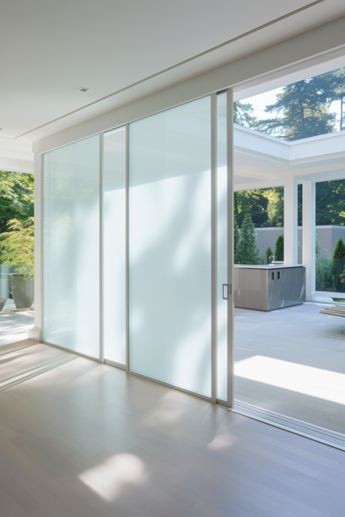 A sliding glass door in a modern home. Perfect for bedroom ideas or a home office.
