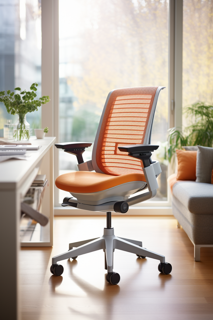An orange office chair in a home office, positioned in front of a window.