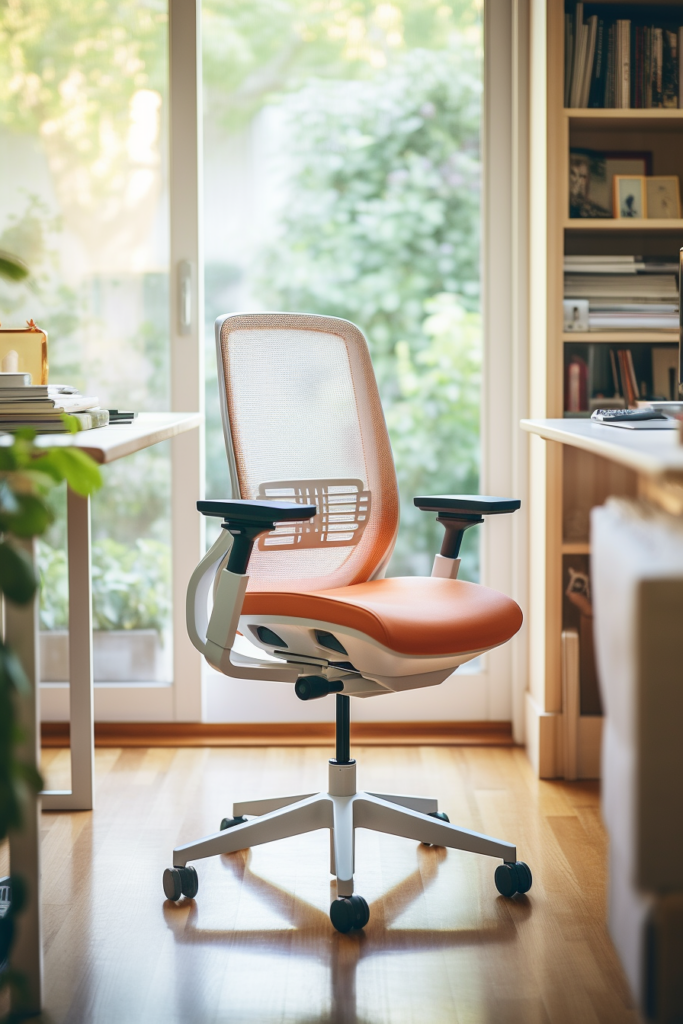 An orange and white office chair placed in front of a window, perfect for home office setup or as an addition to bedroom ideas.
