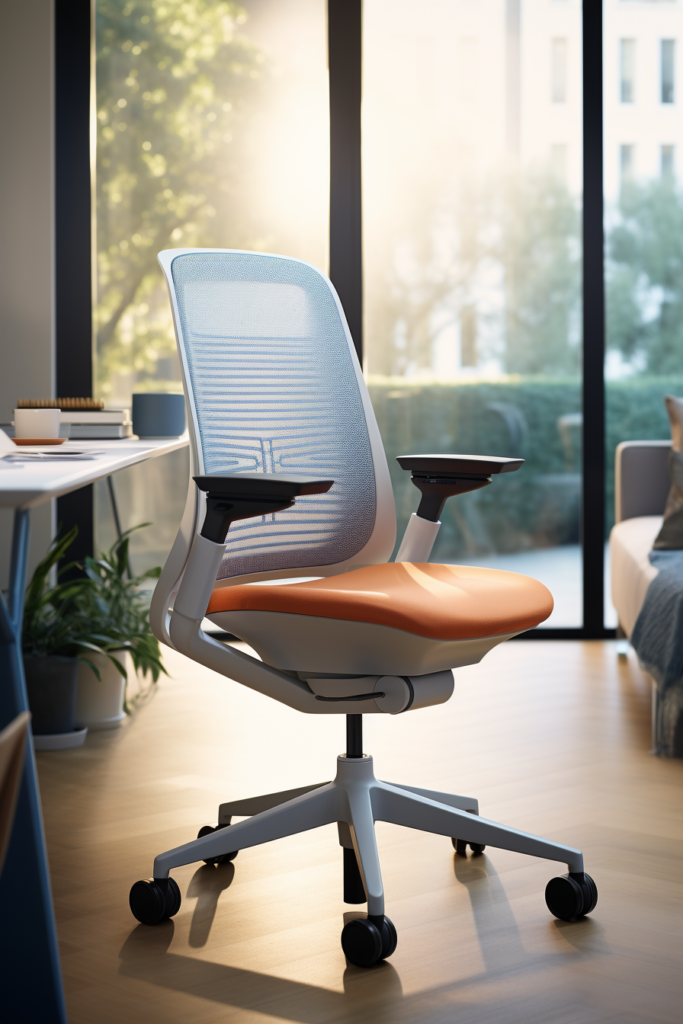 A cozy orange and white office chair placed elegantly in front of a window, creating an inviting ambiance for ideas and productivity in a home office or bedroom.