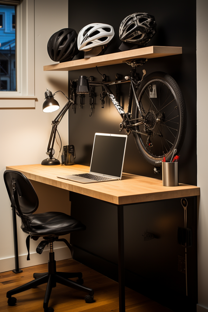 A home office desk with a laptop and bicycles on it.