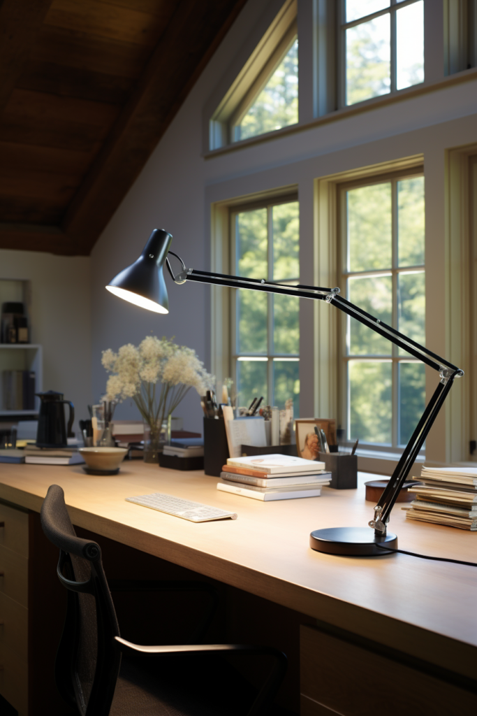 A home office desk with a lamp.