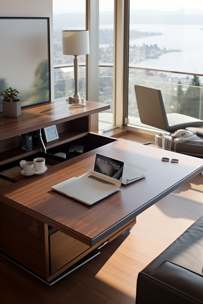 A modern living room with a home office desk and a TV.