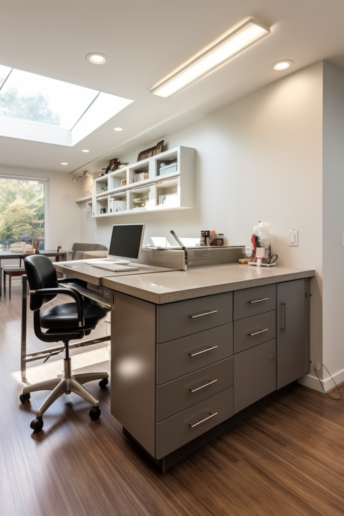 A modern home office with a skylight that provides ample natural light for work and creative ideas.