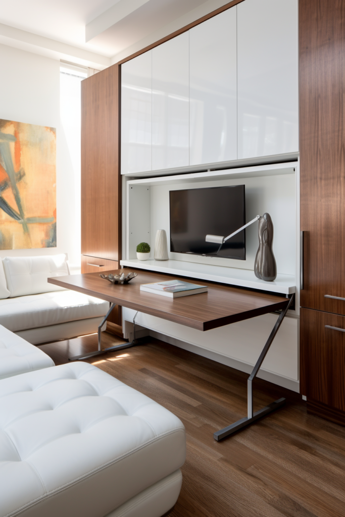 A modern living room with a white couch and TV, perfect for those seeking home office or bedroom ideas.