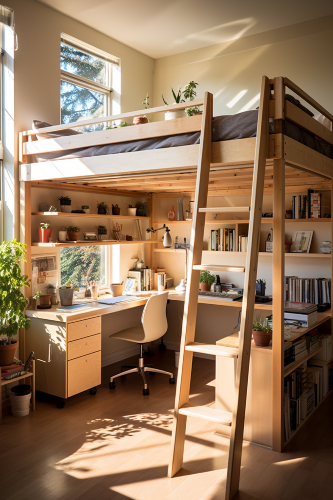 A loft bed in a bedroom with a desk and a window.