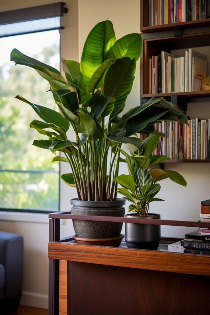 Two potted plants on a desk in a home office, in front of a window.