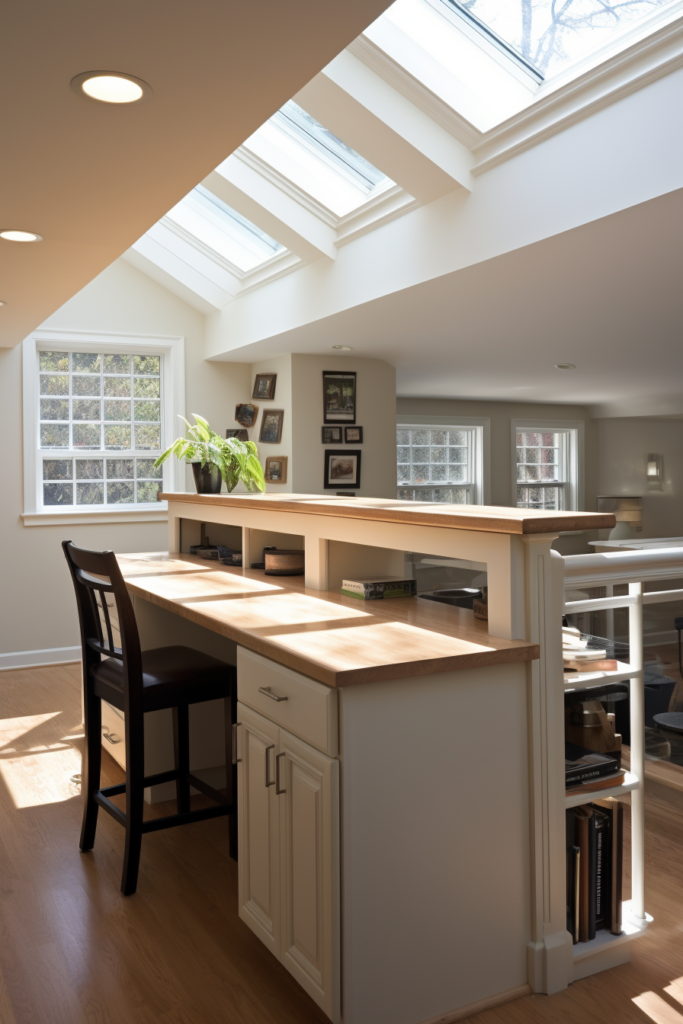 A kitchen with a skylight, perfect for creating a soothing ambiance and providing ample natural light suitable for home office or bedroom ideas.